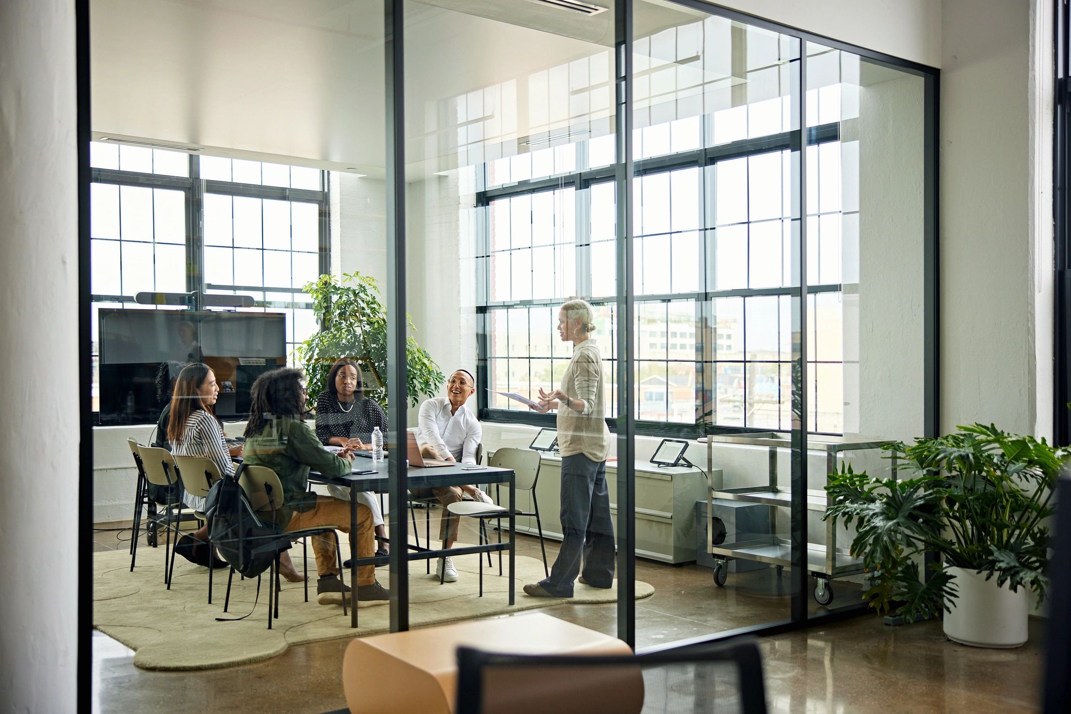 Business professionals collaborating in a modern conference room